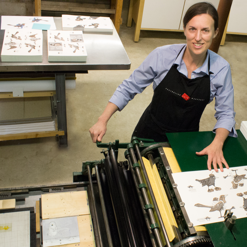 We print all our block prints on a hand-powered letterpress.